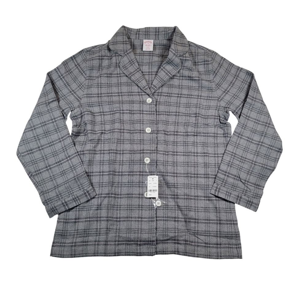 NWT Brooks Brothers Plaid Pajama Button Up Top Womens Sz Medium Gray 100% Cotton